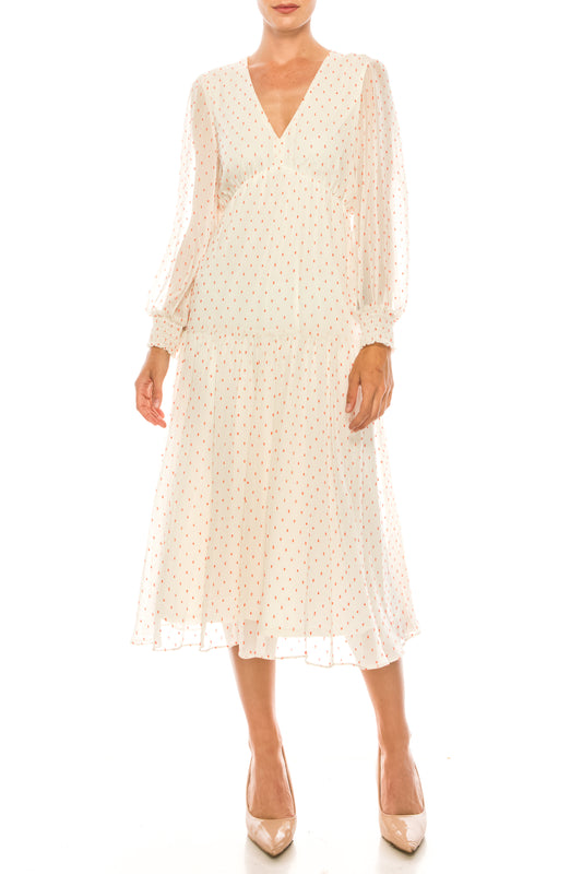 Maison Tara Dot Texture Print Smocking Long Sleeve Tiered Maxi Dress