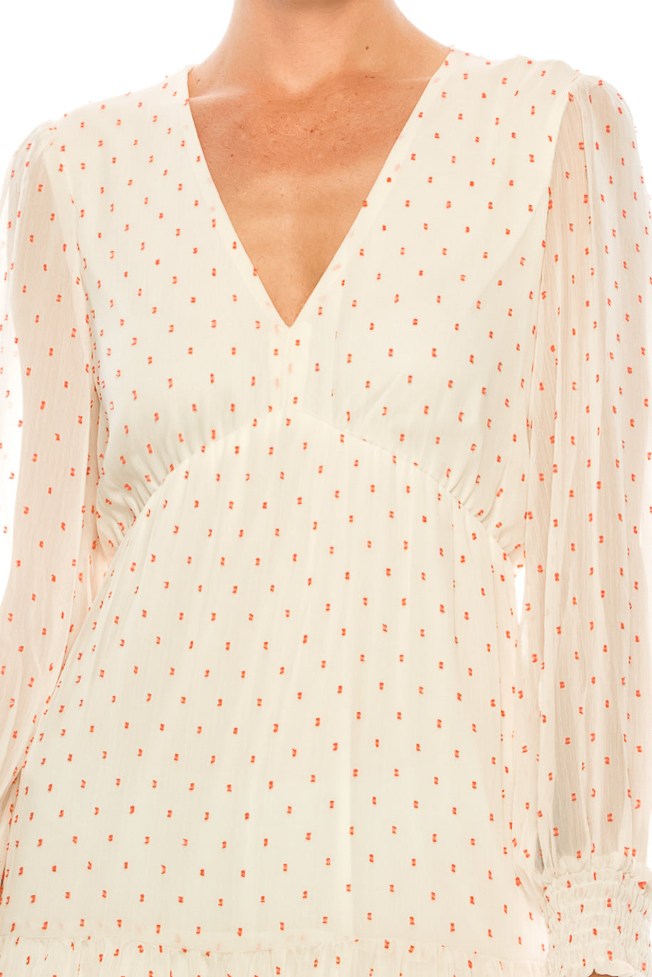 Maison Tara Dot Texture Print Smocking Long Sleeve Tiered Maxi Dress