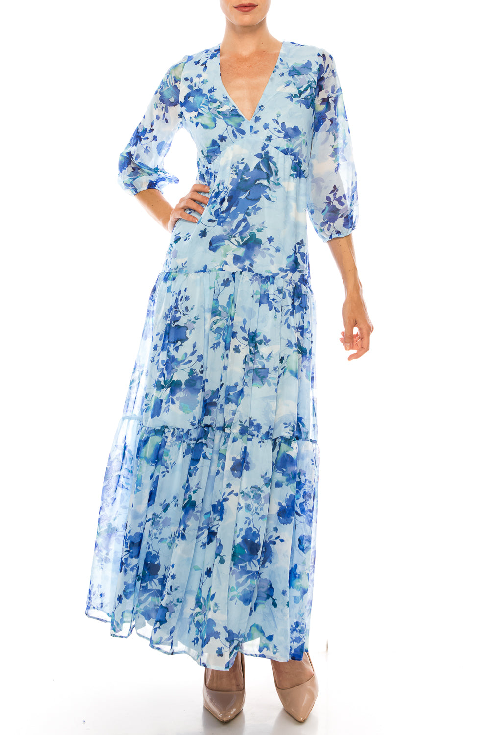 Maison Tara  Floral Print 3/4 Sleeve Tiered Maxi Dress