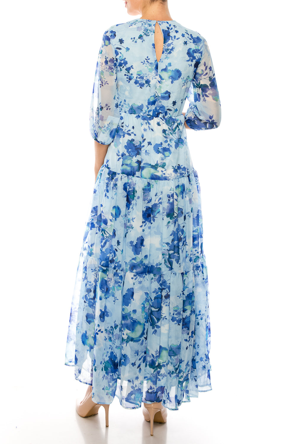 Maison Tara  Floral Print 3/4 Sleeve Tiered Maxi Dress