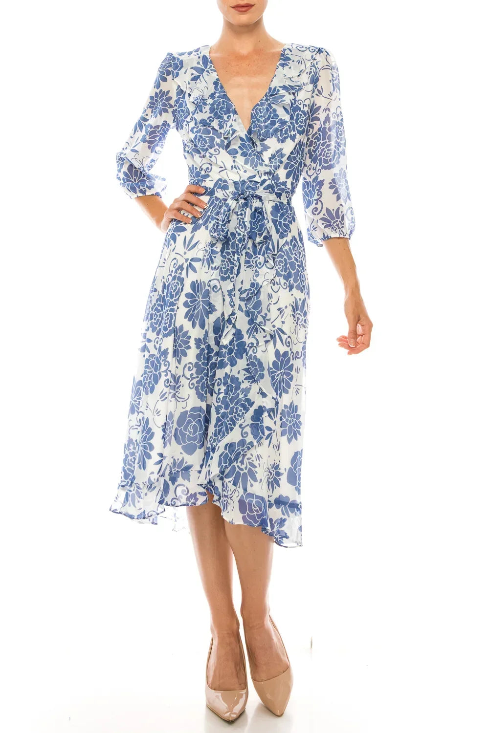 Maison Tara Ivory Slate Floral 3/4 Sleeve Wrap Style Midi Dress
