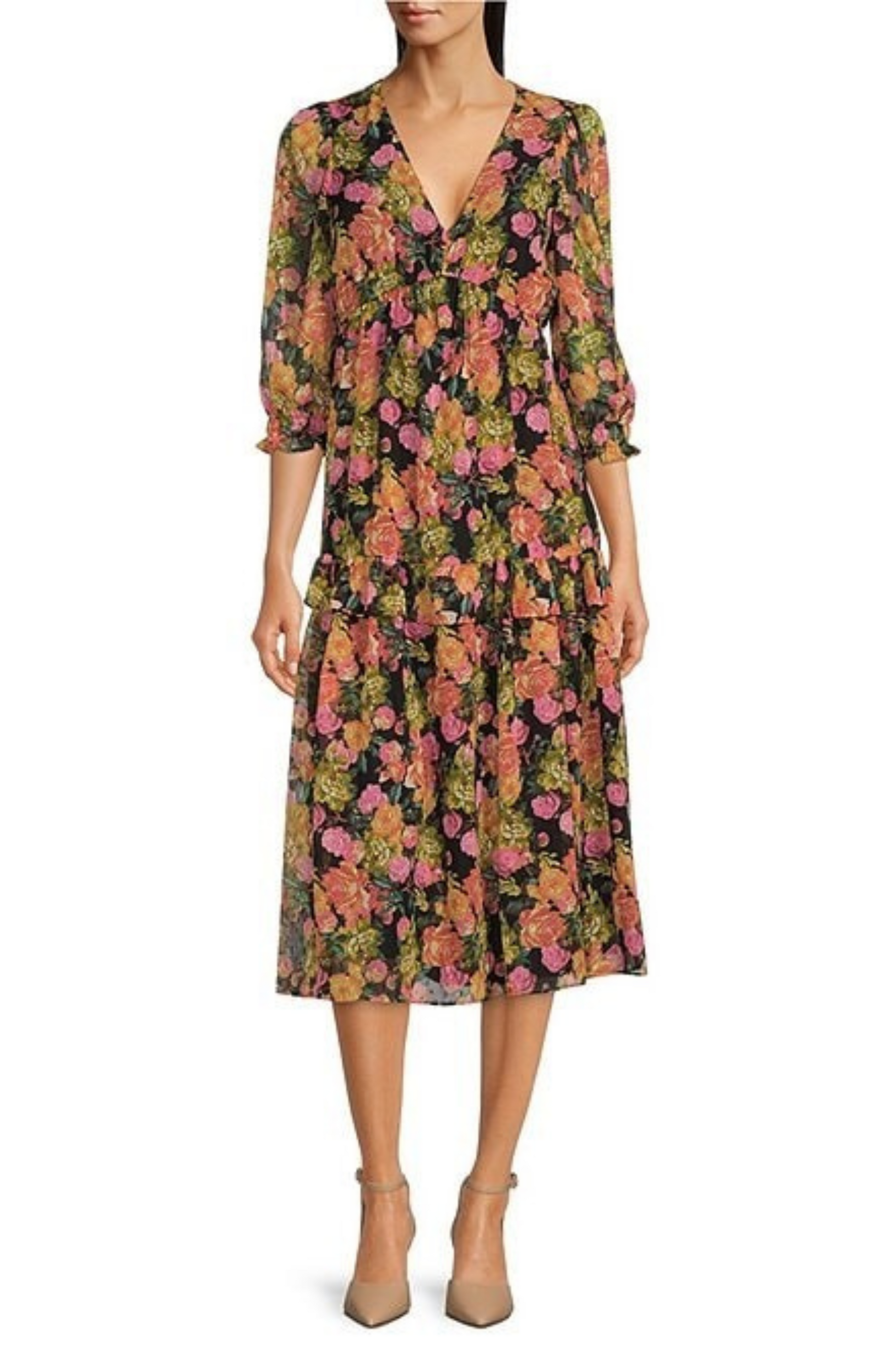 Maison Tara Floral Print 3/4 Ruffle Sleeve A-Line Midi Dress New Yorker's Apparel Maison Tara Floral Print 3/4 Ruffle Sleeve A-Line Midi Dress New Yorker's Apparel