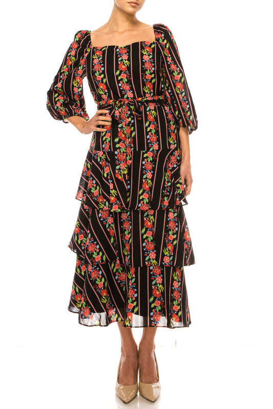 Maison Tara Square Neck Tiered Skirt Midi Dress