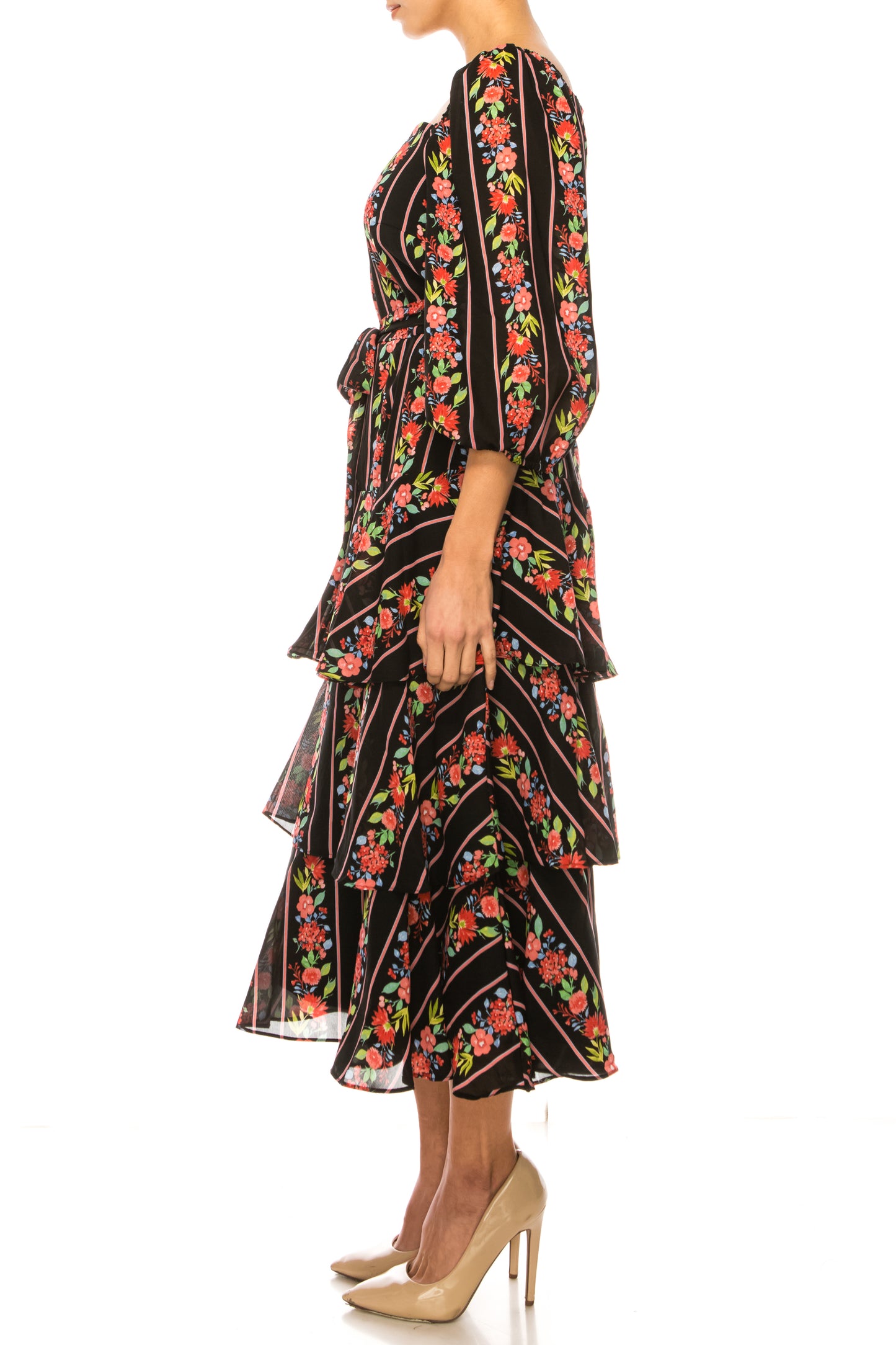 Maison Tara Square Neck Tiered Skirt Midi Dress