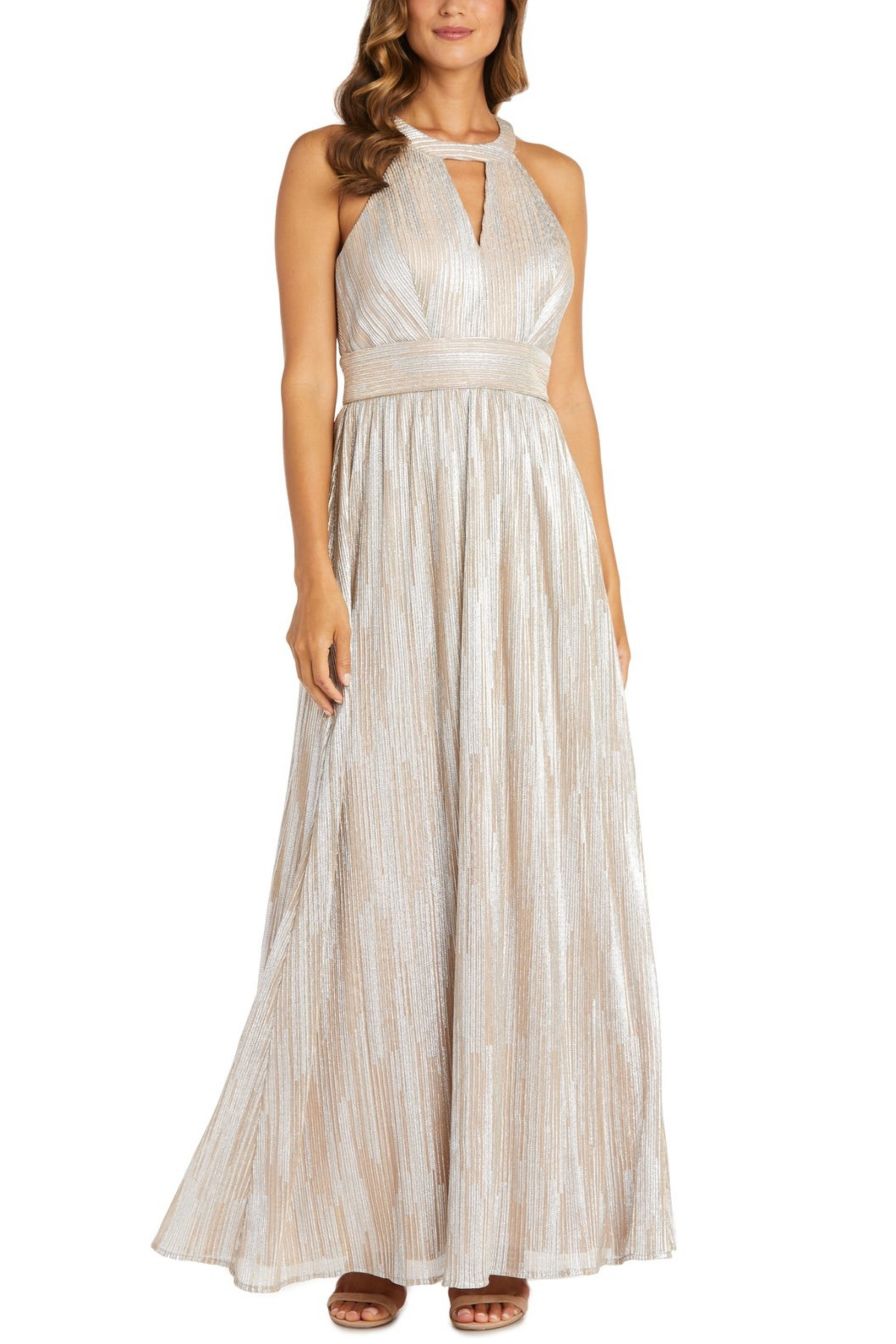 Nightway Champagne Metallic High Neck Peephole Evening Gown New Yorker's Apparel Nightway Champagne Metallic High Neck Peephole Evening Gown New Yorker's Apparel