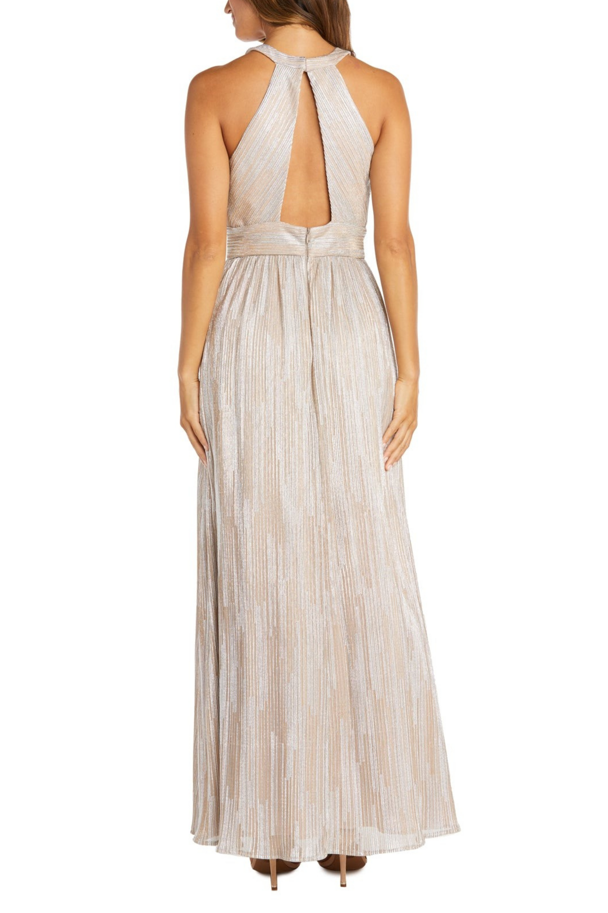 Nightway Champagne Metallic High Neck Peephole Evening Gown New Yorker's Apparel Nightway Champagne Metallic High Neck Peephole Evening Gown New Yorker's Apparel