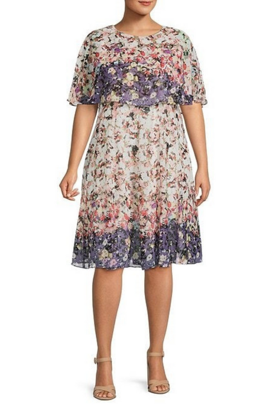 Maison Tara Pink Purple Floral Print Short Sleeve Cape Fit & Flare Dress